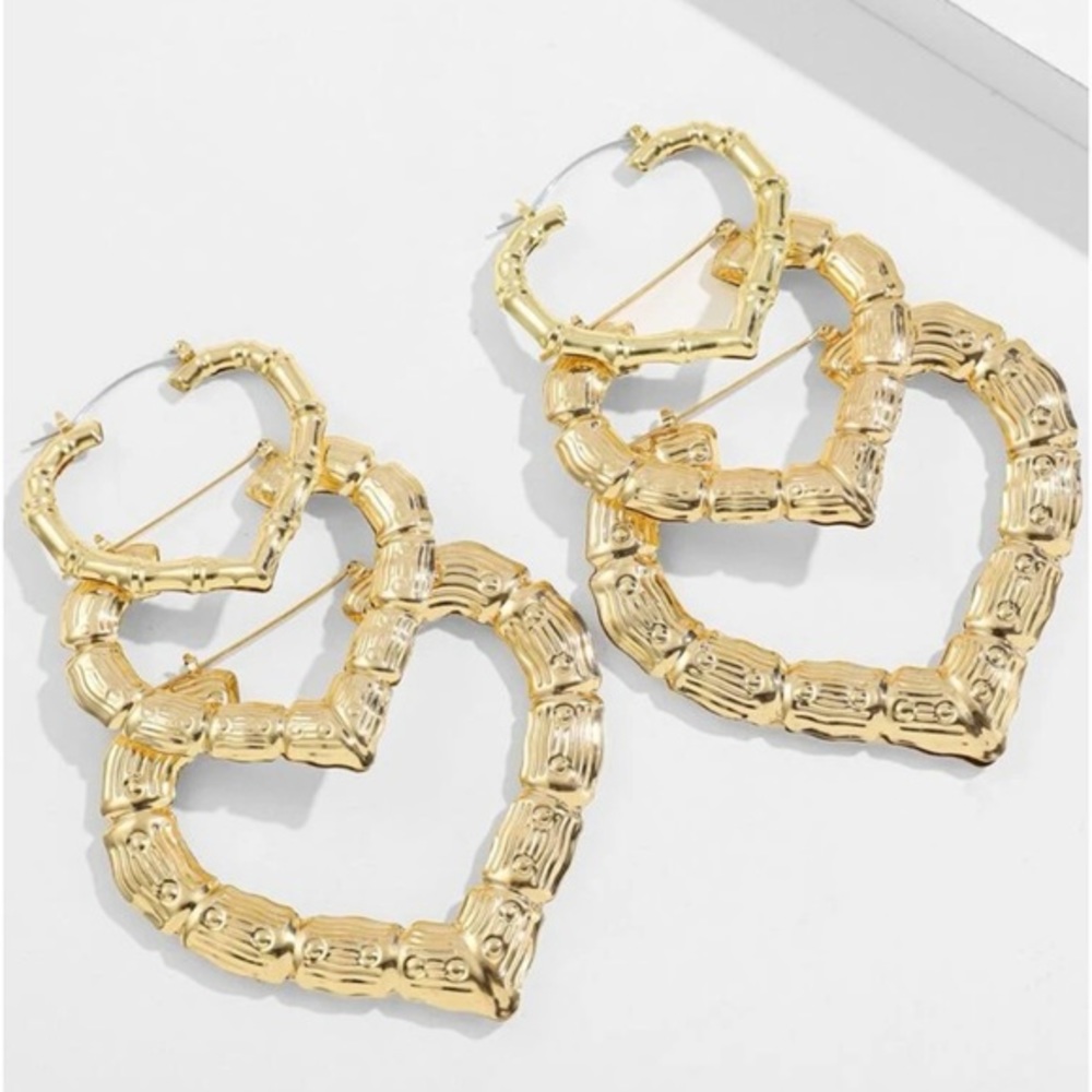 Three Pairs Heart Shaped Bamboo Joint Drop Earrings - Big, Medium and Smaller.